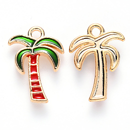 Honeyhandy Alloy Enamel Pendants, Coconut Tree, Light Gold, Green, 18x13x2mm, Hole: 1.6mm