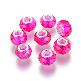 Honeyhandy Handmade Glass European Beads, Large Hole Beads, Silver Color Brass Core, Magenta, 14x8mm, Hole: 5mm