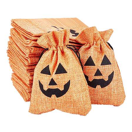 Polyester Imitation Burlap Packing Pouches Drawstring Bags, Pumpkin, Helloween Theme, Orange, 14x10cm