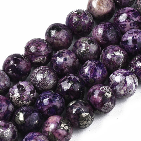 ARRICRAFT Assembled Natural Charoite & Natural Pyrite Beads Strands, Round, 8mm, Hole: 1mm, about 51~52pcs/strand, 16.14 inches(41cm)