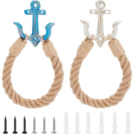 OLYCRAFT 2 Pcs Nautical Toilet Paper Holder Nautical Rope Toilet Paper Holder Roll Holder Towel Holder Vintage Wall-Mounted Towel Rack Rope Holder for Bathrooms Wall Mounted Decor - White & Blue