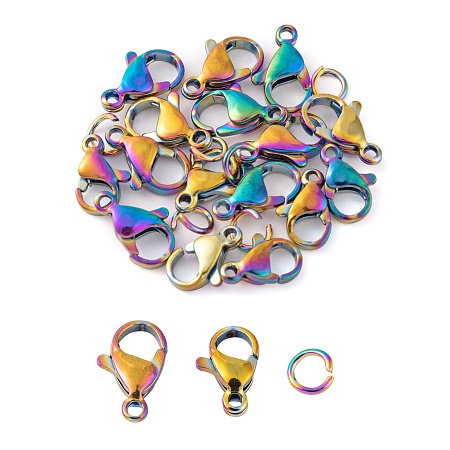 Honeyhandy DIY Pendants Making Kits, Including Ion Plating(IP) 304 Stainless Steel Lobster Claw Clasps, Parrot Trigger Clasps & Open Jump Rings, Rainbow Color, 80pcs/box