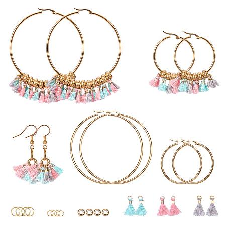 SUNNYCLUE Bohemian Fan Tassel Earrings for Women Multi Colored Fringe Thread Gold Plated Beaded Hoop Dangle Drop Statement Earrings Making Kit - Make 3 Pairs Earrings