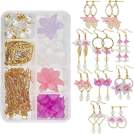 SUNNYCLUE 1 Box DIY 10 Pairs Frosted Flower Beads Petal Charms Earrings Making Kit 3D Flower Charms for Jewelry Making Post Earring Findings Hollow Leaf Charms End Caps Adult Women Craft Instruction