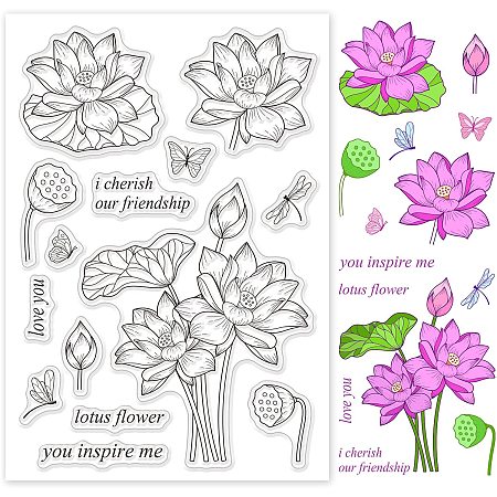 GLOBLELAND Lotus Flower Silicone Clear Stamps Oriental Style Transparent Stamps for Birthday Easter Valentine's Day Cards Making DIY Scrapbooking Photo Album Decoration Paper Craft