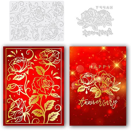 BENECREAT 2Pcs Rose Hot Foil Plate, Happy Anniversary Flower Carbon Steel Metal Dies for Card Making Wedding Festival Decoration Paper Crafts, 1mm Thick