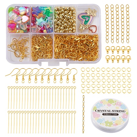 Honeyhandy DIY Star and Heart Jewelry Set Making Kit, Including Alloy Clasps, Iron Ends Chain & Jump Ring & Paperclip Chain & Earring Hook & Pin, Acrylic & Plastic Beads, Elastic Thread, Alloy Enamel Charms, Golden, Beads: 220Pcs/set
