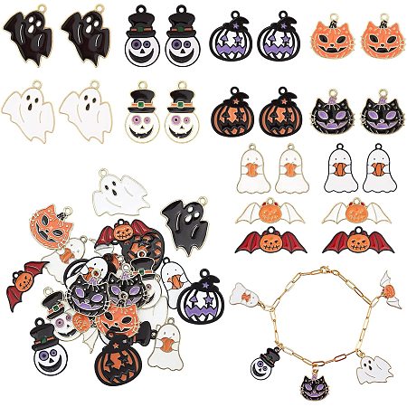 PandaHall Elite 24pcs Halloween Charms, 6 Style Ghost Spider Bat Grimace Cat Pumpkin Charms Horror Enamel Pendants for Halloween Decor Jewelry Making Costume Decoration