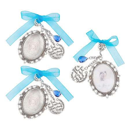 CHGCRAFT 3 Sets Metal Oval Lace Wedding Bouquet Charm with Photo Charm Blue Organza Ribbon Gift Bags Bridal Bouquet Charm for Bridal Shower Engagement Wedding