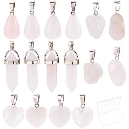 SUNNYCLUE 16Pcs 4 Style Natural Rose Quartz Pendants, with Brass & Alloy & Stainless Steel Findings, Platinum,  Heart & Nuggets & Teardrop & Bullet, 15~40x10~42x5~15mm, hole: 2~7.5, 4 style, 4pcs/style, 16pcs