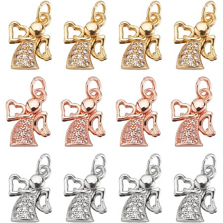 BENECREAT 12Pcs 3 Colors Angel Brass Cubic Zirconia Charms 18K Gold Plated Pendants for Necklace Bracelet Jewelry Making
