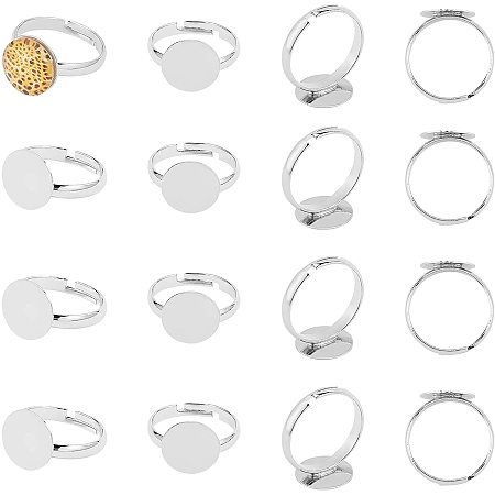 Pandahall Elite 50pcs Blank Rings, 17mm Adjustable Ring Base Blank 12mm Flat Base Blank Finger Rings Cabochon Base Bezel Jewelry Finding Ring for Ring Blanks Making Kit