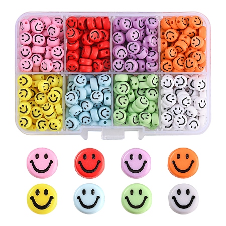 Honeyhandy Opaque Acrylic Beads, Flat Round with Smiling Face, Mixed Color, 7x3.5mm, Hole: 1.5mm, 9.5g, about 65~70pcs/color