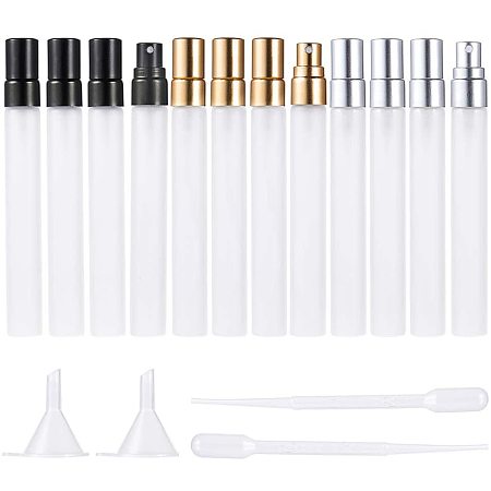 BENECREAT 12 Pack 10ml Frosted Glass Spray Perfume Bottles Empty Fine Mist Glass Atomizer Bottle with 3 Colors Aluminium Cap, Pipettes, Funnels for Home Travel Use