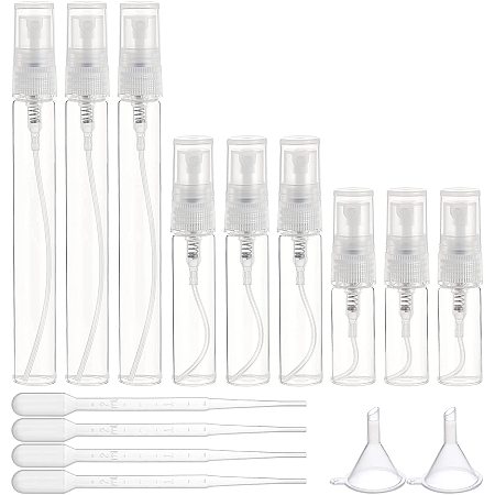 BENECREAT 30PCS 3ml/5ml/10ml Mini Fine Mist Spray Bottle Clear Glass Travel Empty Atomiser Spray Bottles with 2PCS Funnel and 4PCS Pipettes for Perfume, Cosmetic(10PCS/Size)