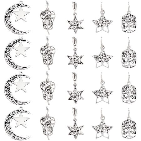 SUPERFINDINGS 50pcs 5 Styles Tibetan Style Alloy Pendants Antique Silver Tree of Life Charms Star Moon Pendants for Bracelet Necklace Jewelry Making