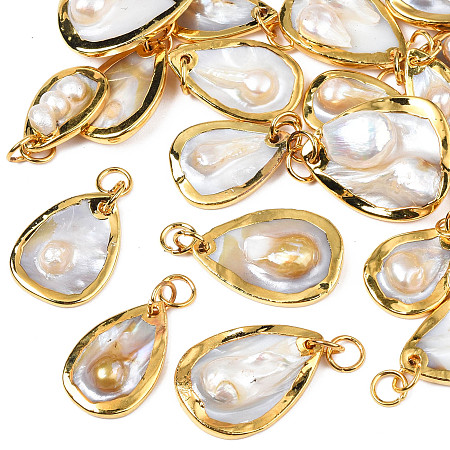 Natural Shell Pendants, with Light Gold Plated Brass Edge, Teardrop, Seashell Color, 17~21x10~22x3.5~8.5mm, Jump Ring: 6x0.5mm, Inner Diameter: 5mm