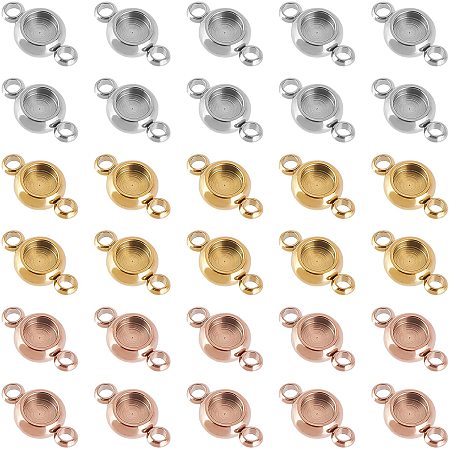 DICOSMETIC 30Pcs 3 Colors Stainless Steel Cabochon Connector Settings Double Holes Connector Trays Pendant Round Blank Bezels Charm for Bracelet Necklace Jewelry Making