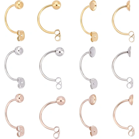 DICOSMETIC 36pcs 2 Styles 3 Colors 304 Stainless Steel Ear Nuts Hypoallergenic Earring Backs with Round Ball Beads C-Shaped Earring Posts with Trays for Jewelry Making,Pin:1mm