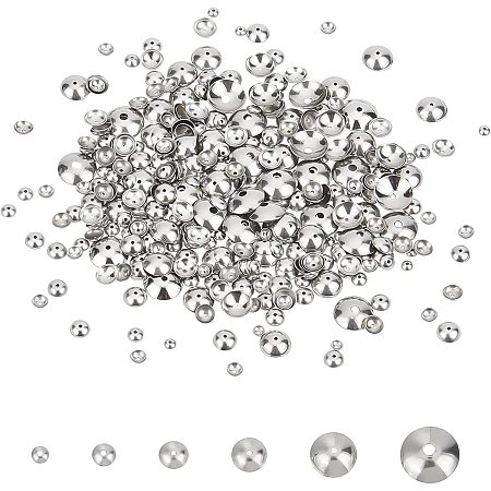 PandaHall Elite 480pcs Half Round Bead Cap 6 Sizes 304 Stainless Steel Spacer Beads 3/4/5/6/8/10mm Smooth Apetalous Bead Cap Spacers for Earring Bracelet Necklace Jewelry Making, 0.5~1mm Hole