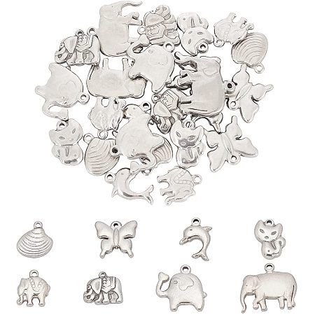UNICRAFTALE 32pcs 8 Styles Stainless Steel Animal Pendants Dangle Charms Hypoallergenic Metal Charm for DIY Bracelet Crafts Jewelry Making 1.2-1.6mm Hole