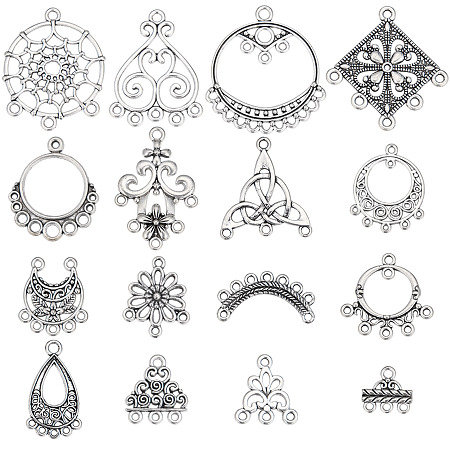 SUNNYCLUE 1 Box 64Pcs 16 Style Chandelier Charms Chandelier Connectors Charms Hollow Bohemian Celtic Knot Flower Components Links for Jewelry Making Charm Women Dangle Earrings Crafts Supplies Silver