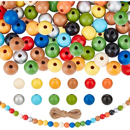 SUPERFINGDINGS 180pcs 12 Colors 16mm Round Wooden Beads Natural Magic Wood Beads Dyed Crafts Wooden Beads with 11 Meter Jute Cord for Craftsmanship
