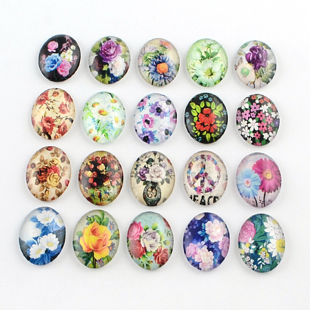 ARRICRAFT Flower Pattern Glass Oval Flatback Cabochons for DIY Projects, Mixed Color, 25x18x5mm