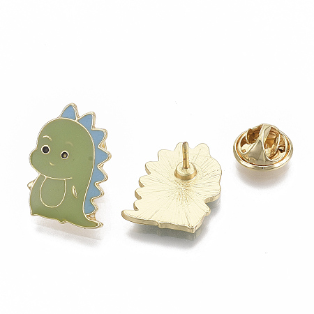 Honeyhandy Alloy Brooches, Enamel Pin, Iron Pins and Brass Butterfly Clutches, Dinosaur, Light Gold, Olive, 22x15.5x11~12mm, Pin: 1mm