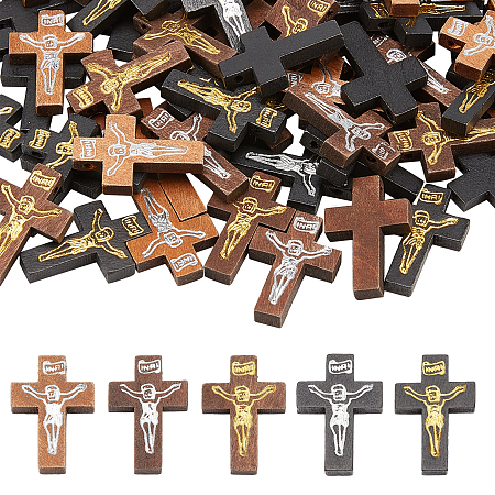 NBEADS 100 Pcs Wooden Cross Pendants, 5 Colors Printed Wood Cross Charms Jesus Crucifix Cross Beads for Easter Party DIY Crafts Christian Bracelet Necklace Jewelry Making, Hole: 2mm