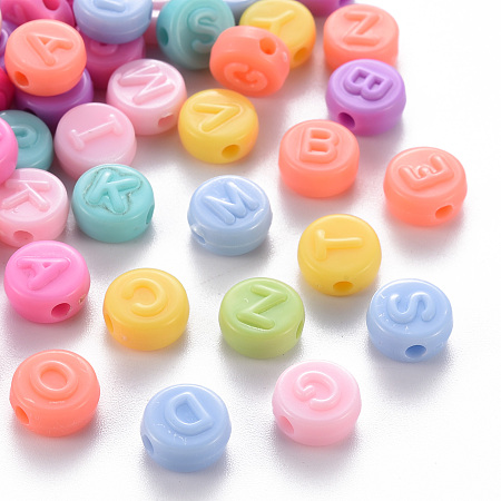 Arricraft Opaque Acrylic Beads, Flat Round with Letter, Mixed Color, 9x5mm, Hole: 2mm, about 1700pcs/500g