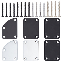 FINGERINSPIRE 4 Pack 2 Styles Metal Guitar Neck Plate Rectangle Guitar Neck Plate with Plastic Mat Curved Cutaway Neck Plate Black & Sliver 4 Hole Electric Guitar Neck Plate with Screws for Jazz Bass