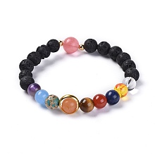 Honeyhandy Universe Galaxy The Nine Planets Guardian Star, Natural Lava Rock and Natural Mixed Gemstone Beaded Stretch Bracelets, with Brass Findings, 2-1/4 inch(5.6cm)