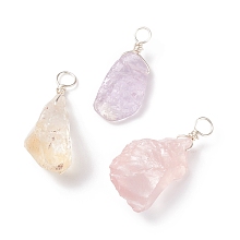 Honeyhandy Rough Raw Natural Gemstone Pendants, with Silver Tone Copper Wire Wrapped, Nuggets Charm, 22~33x7~15x5~9mm, Hole: 3.5~4mm