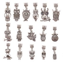 PandaHall Elite 32pcs 16 Styles Owl Alloy Dangle Beads, 5mm Large Hole Tibetan European Charms Pendants Owl Charms Bails for Bracelet Necklace Jewelry Making, Antique Silver