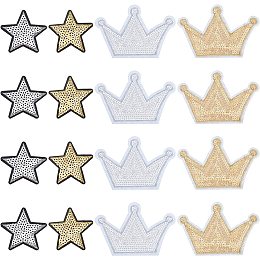 FINGERINSPIRE 24 pcs Star & Crown Sew/Iron on Applique Golden Glitter Applique Sliver Shinny Patches Sequins Decoration Patches for Clothing Repair, Backpack, Shoes, Hat, DIY Craft