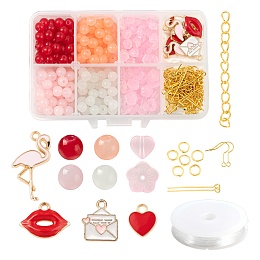 Arricraft DIY Jewelry Set Making Kits for Valentine's Day, Including Round & Heart & Flowers & Imitation Jade Glass Beads, Alloy Pendants, Iron Earring Hooks & Jump Rings & End Chains, Brass Eye Pin and Elastic Thread, Mixed Color, Beads: 340pcs/box