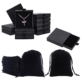 Nbeads 12Pcs Rectangle Velvet Jewelry Drawstring Pouches, with 12Pcs Paper Drawer Boxes, Black, Bag: 10x8x0.4cm