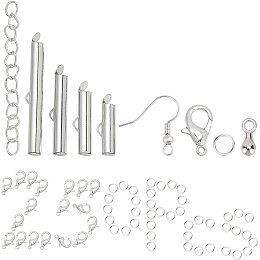 SUNNYCLUE 1 Box 250Pcs 4 Sizes Slide On End Clasps Brass Tubes Bar Finding Kit Metal Slider Caps Crimp Tube with Extender Chains Lobster Claw Clasps for Bracelets Necklaces DIY Crafting, Platinum