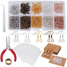 Honeyhandy DIY Earring Making Finding Kit, Including Iron Jump Rings & Earring Hooks, Plastic Ear Nuts, Cardboard Paper, OPP Cellophane Bags, Brass Rings, Pliers, Mixed Color, 1153Pcs/set