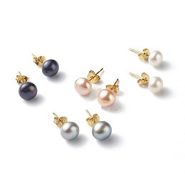 Honeyhandy Natural Pearl Rondelle Stud Earrings, 304 Stainless Steel Earring Post, Golden, Mixed Color, 7~7.5mm, Pin: 0.7mm