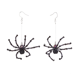 Honeyhandy Glass Seed Braided Spider Long Dangle Earrings, 304 Stainless Steel Halloween Jewelry for Women, Black, 86mm, Pin: 0.7mm