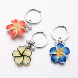 Honeyhandy Platinum Tone Iron Keychain, with Handmade Polymer Clay Flower and Pearlized Glass Beads, Mixed Color, 81mm