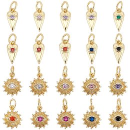 PandaHall Elite Evil Eye Charm, 20pcs 2 Styles Real 18K Gold Plated Heart/Sun Cubic Zirconia Evil Eye Pendants Halloween Charms with Jump Ring for DIY Dangle Bracelet Earring Jewelry DIY Craft, Golden