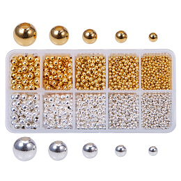 PandaHall Elite 1 Box (About 2340pcs) 2 Color 5 Size Smooth Round Metal Beads Tiny Spacer Round Beads for Jewelry Making (Golden, Silver)