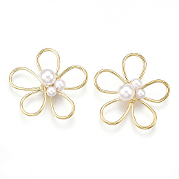 Honeyhandy Brass Wire Beads, with ABS Plastic Imitation Pearl, Flower, Creamy White, Real 18K Gold Plated, 25.5x27.5x7.5mm