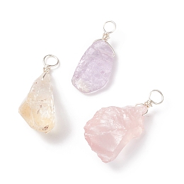 Honeyhandy Rough Raw Natural Gemstone Pendants, with Silver Tone Copper Wire Wrapped, Nuggets Charm, 22~33x7~15x5~9mm, Hole: 3.5~4mm