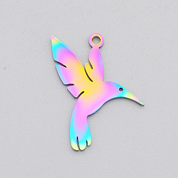 Honeyhandy Ion Plating(IP) 201 Stainless Steel Pendants, Laser Cut, Hummingbird, Rainbow Color, 22x18.5x1mm, Hole: 1.5mm