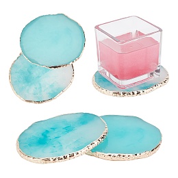 AHANDMAKER Blue Imitation Agate Coasters, 4 Pack 3.8" Imitation Agate Cup Mat Drink Coasters with Gold Rim for Drink Home Office Decor