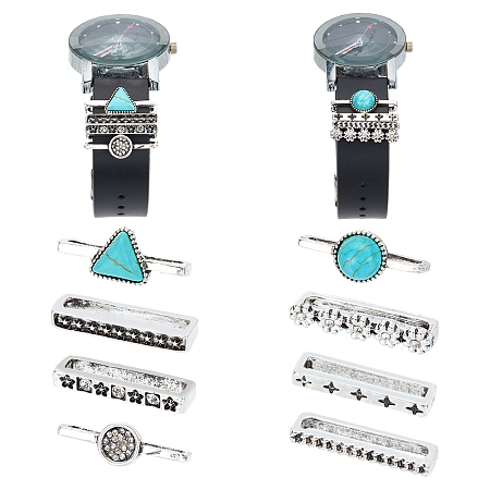PandaHall Elite 8Pcs 8 Style Half Round & Triangle Synthetic Turquoise Watch Band Charms Set, Alloy Watch Band Decorative Ring Loops, Platinum, 2.1x0.3cm, 1Pc/style